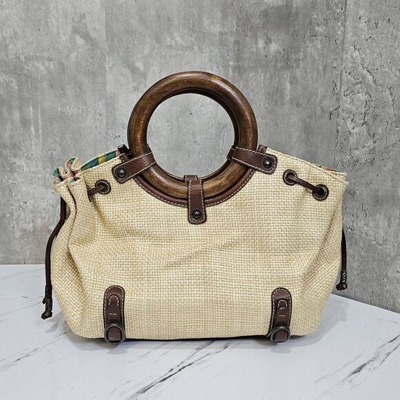 Fossil Waxed Raffia Straw Woven Wooden‎ Circle Handle Luau Summer Tiki Crossbody - Picture 1 of 7